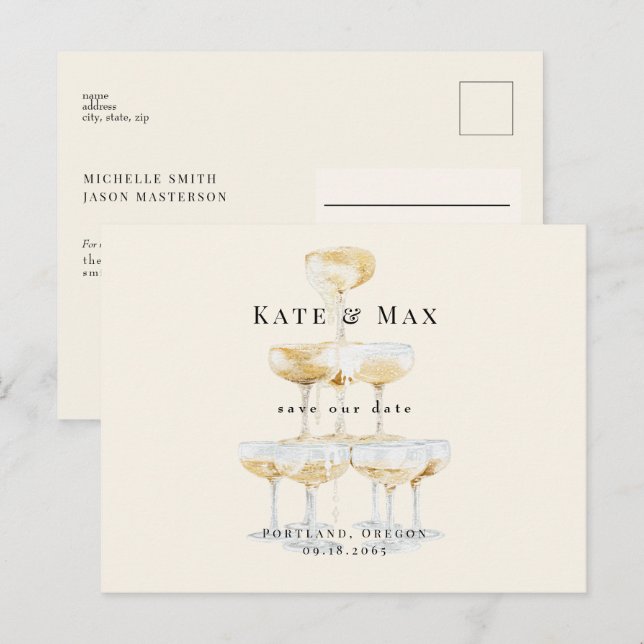 Carte Postale Champagne Modern Cream Wedding Sauvez la Date II (Devant / Derrière)
