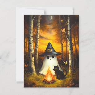 Carte Postale Champêtre Halloween Fantôme et Art de feu de camp