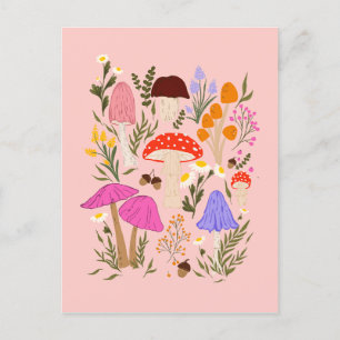 Carte Postale Champignons colorés et illustration fleur sauvage