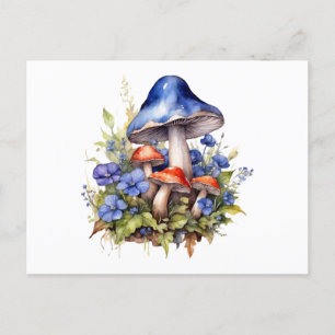 Carte Postale Champignons de forêt et fleurs bleues à l'aquarell