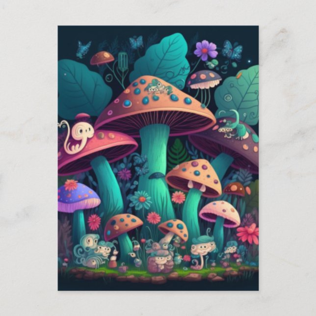 Carte Postale Champignons elfes dans le champ (Devant)