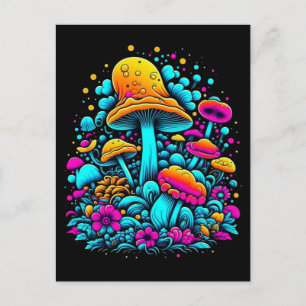 Carte Postale Champignons et fleurs rétro Neon
