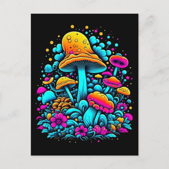Carte Postale Champignons et fleurs rétro Neon (Devant)
