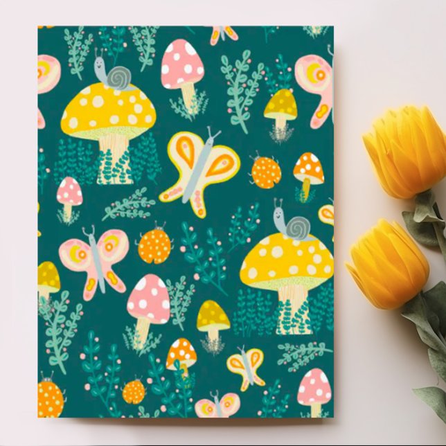 Carte Postale Champignons magiques Mignons Papillons Escargots L (Cute whimsical fun pattern of mushrooms, butterflies, snails and plants on a custom postcard)