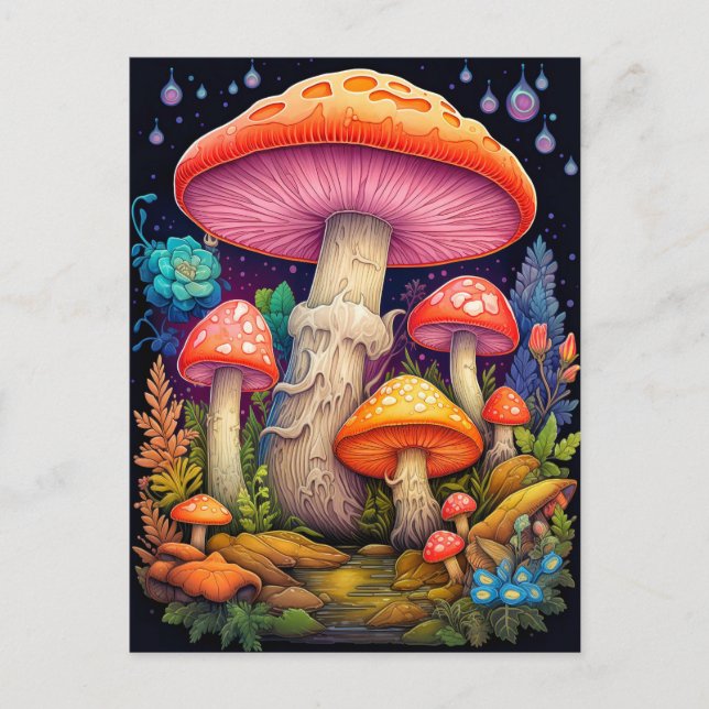 Carte Postale Champignons Psychédéliques Sauvages Après Minuit (Devant)