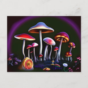 Carte Postale Champignons trippy colorés et une minuscule maison