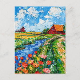 Carte Postale Champs de tulipes avec grange et ruisseau, peintur