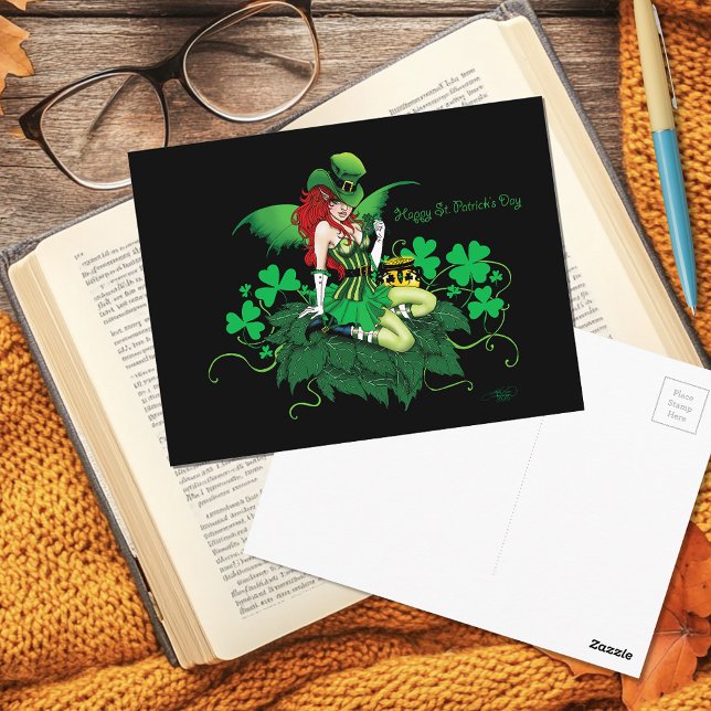 Carte Postale Chance Trèfle Vert Fée Rouge Cheveux Shamrock (Créateur téléchargé)