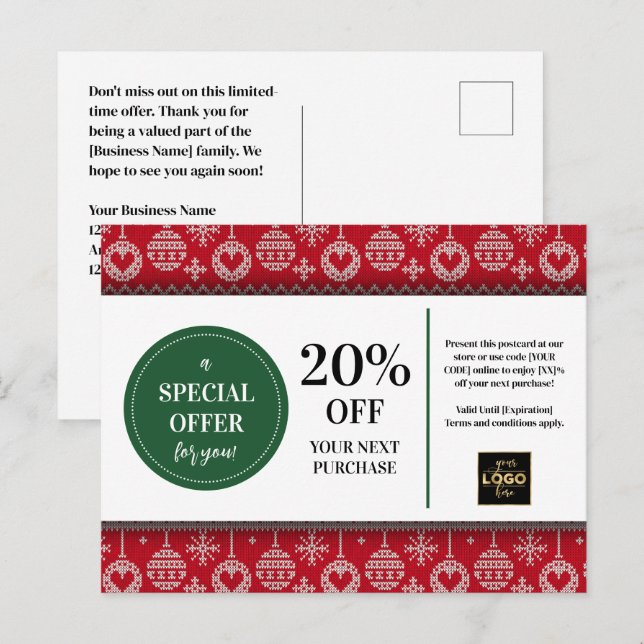 Carte Postale Chandail de Noël Rouge Coupon personnalisé Remise (Devant / Derrière)