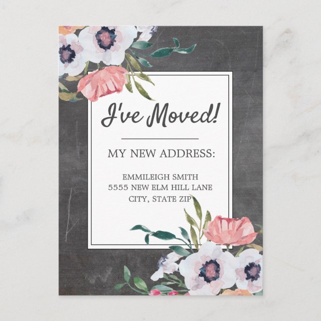 Carte Postale Changement d'adresse Chalkboard rose blanc floral (Devant)