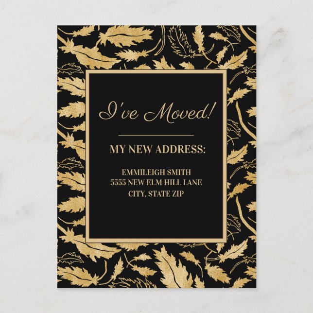 Carte Postale Changement d'adresse Elegant Black Gold Feuilles (Devant)