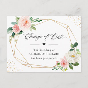 Carte Postale Changement de date Élégant Floral Rose Blush Géomé