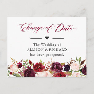 Carte Postale Changement de date Rustique Bourgogne Rouge Blush 