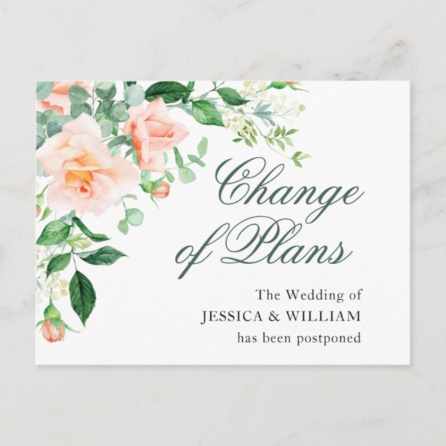 Carte Postale Changement de Plans Roses Roses Blush Élégantes Ma (Devant)