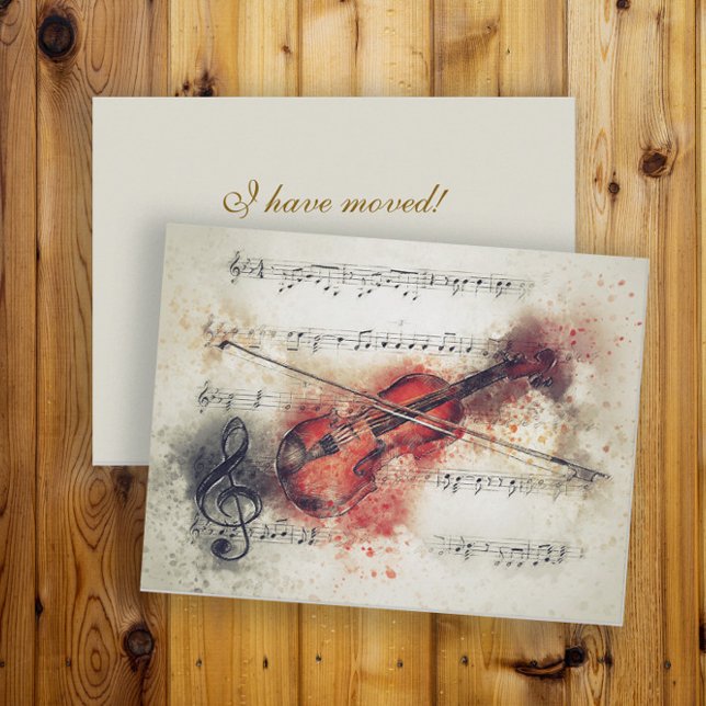 Carte Postale Changer d'adresse aquarelle violon feuille musique (Elegant violin/music change of address card)