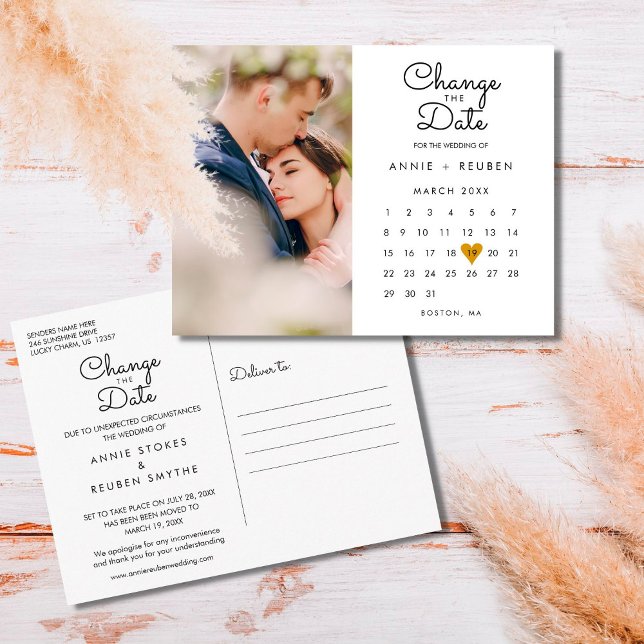 Carte Postale Changer la date Calendrier Or Amour Coeur Photo (Créateur téléchargé)
