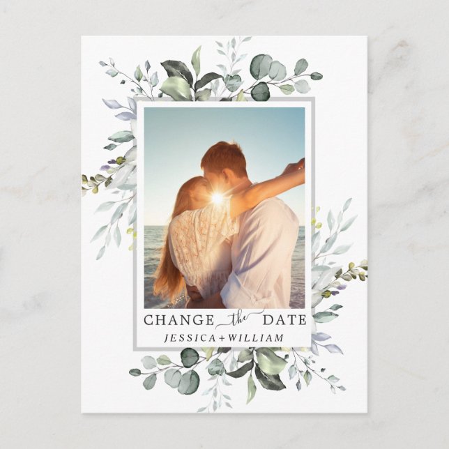 Carte Postale Changer la Date Élégant Eucalyptus PHOTO Mariage (Devant)