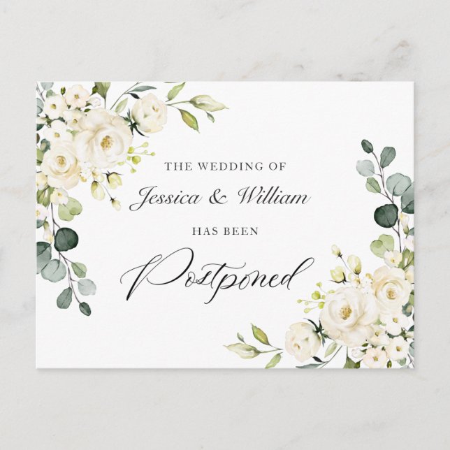 Carte Postale Changez la date Élégant Eucalyptus Roses Blanches (Devant)