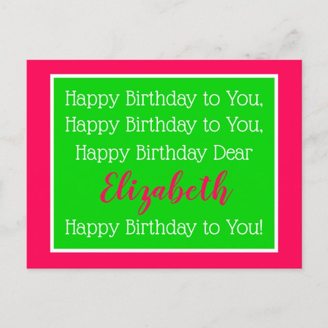 Carte Postale Chanson d'anniversaire rose et verte preppy (Devant)