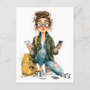 Carte Postale Chaos Whimsical Tech-Overload Girl