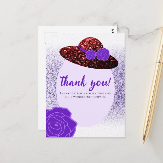 Carte Postale Chapeau à paillettes rouge lavande violette Merci (Devant/Arrière en situation)
