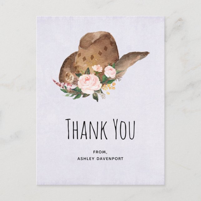 Carte Postale Chapeau de cowgirl marron avec fleurs roses Merci (Devant)