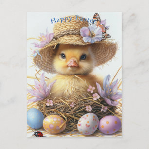 Carte Postale Chapeau de paille de caneton adorable Pâques Œuf F