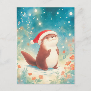 Carte Postale Chapeau de Père Noël en aquarelle festive pour lou