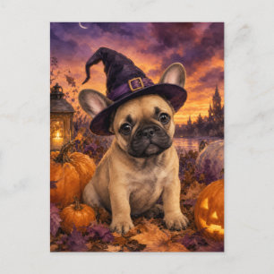 Carte Postale Chapeau de sorcière de Bulldog français Citrouille