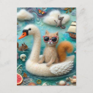 Carte Postale Char de cygne en bois drôle avec chat