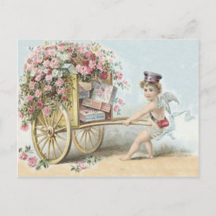 Carte Postale Chariot de bonbons Rose Courrier Cupid Chérubin