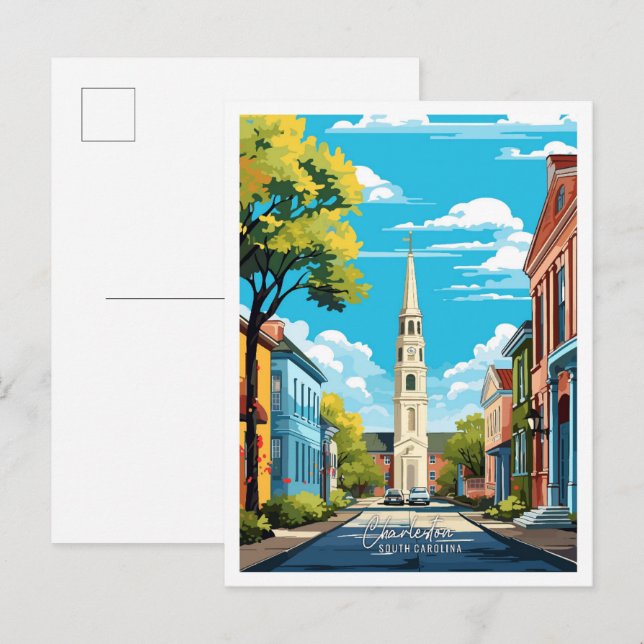 Carte Postale Charleston Caroline du Sud Illustration de voyage (Devant / Derrière)