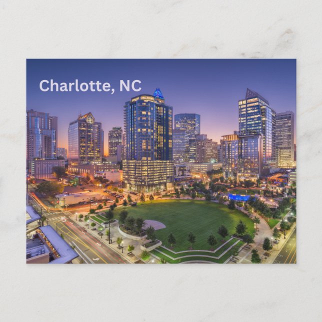 Carte Postale Charlotte, Caroline du Nord Vue nocturne du centre (Devant)
