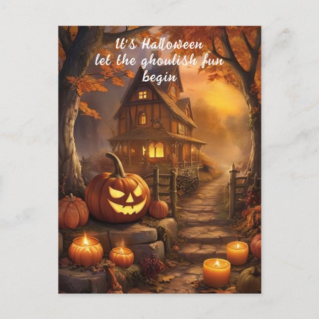 Carte Postale Charmant chalet d'Halloween Éffrayant avec Citroui (Devant)