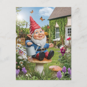 Carte Postale Charmante Gnome de jardin avec canne d'eau