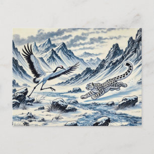 Carte Postale Chasse à la grue par une panthère des neiges, pein