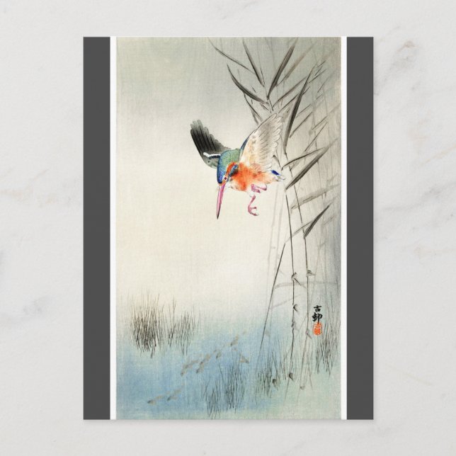 Carte Postale Chasse aux martin-pêcheurs - Ohara Koson - charbon (Devant)