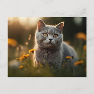 Carte Postale Chat à air court britannique dans Flower Meadow