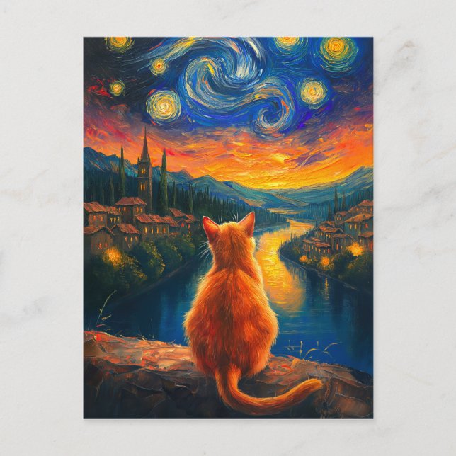Carte Postale Chat à gingembre contemplatif | Starry Night Sky A (Devant)