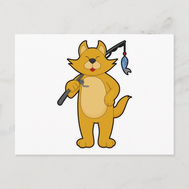 Carte Postale Chat à la pêche avec canne à pêche et poisson (Devant)