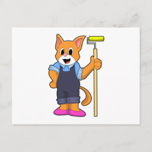 Carte Postale Chat à la pose de papier peint avec rouleau à pres