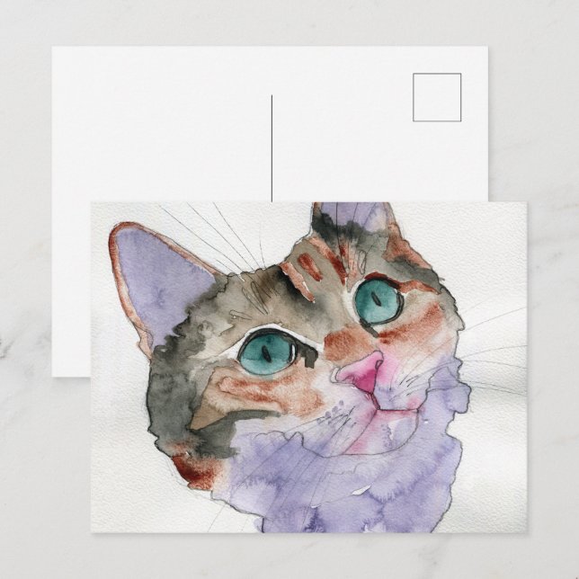Carte Postale Chat à l'aquarelle (Devant / Derrière)