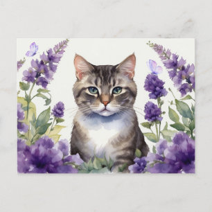 Carte Postale Chat à l'aquarelle avec des fleurs de lavande 