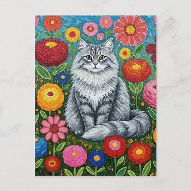 Carte Postale Chat à rayures grises fluides avec fleurs d'art fo (Devant)