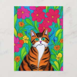 Carte Postale Chat à rayures orangées Whimsical avec fleurs rose