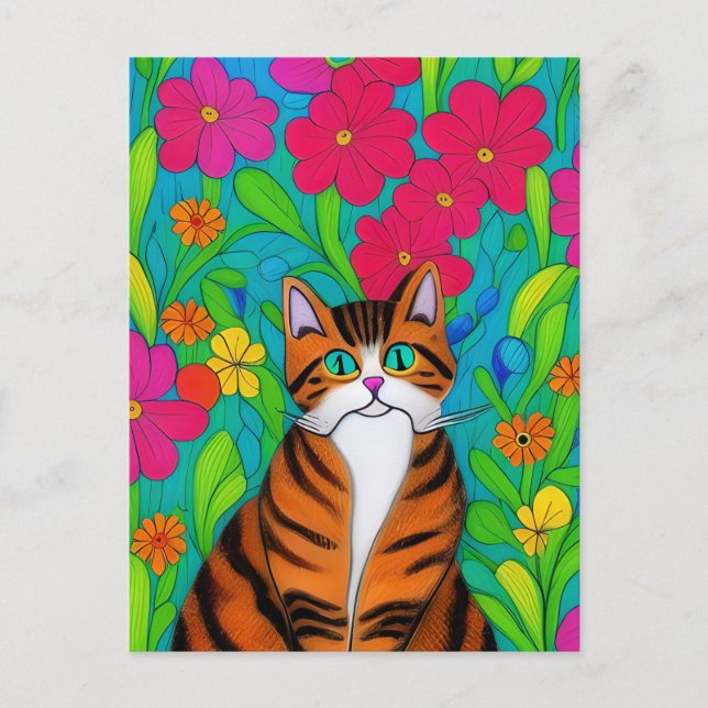 Carte Postale Chat à rayures orangées Whimsical avec fleurs rose (Devant)