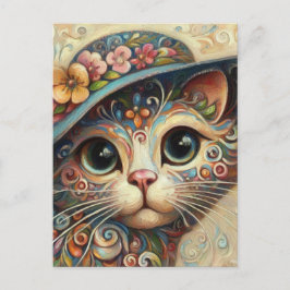 Carte Postale Chat Abstrait à chaton en fleurs avec Casquette