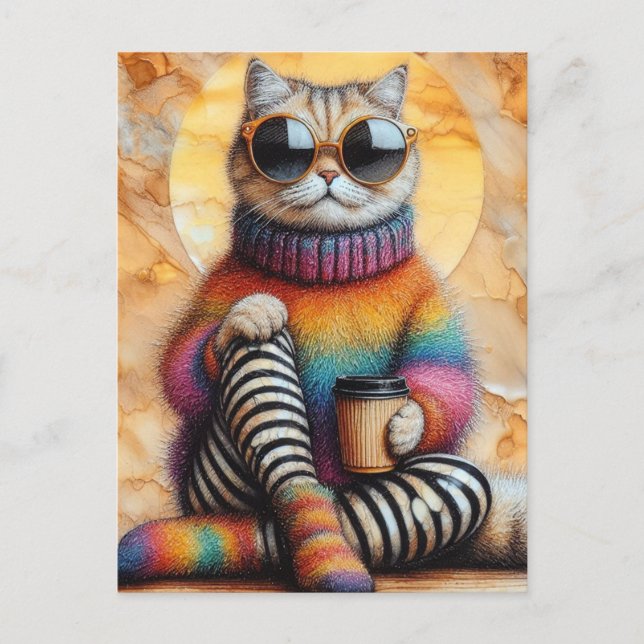 Carte Postale Chat Adorable Avec Café (Devant)