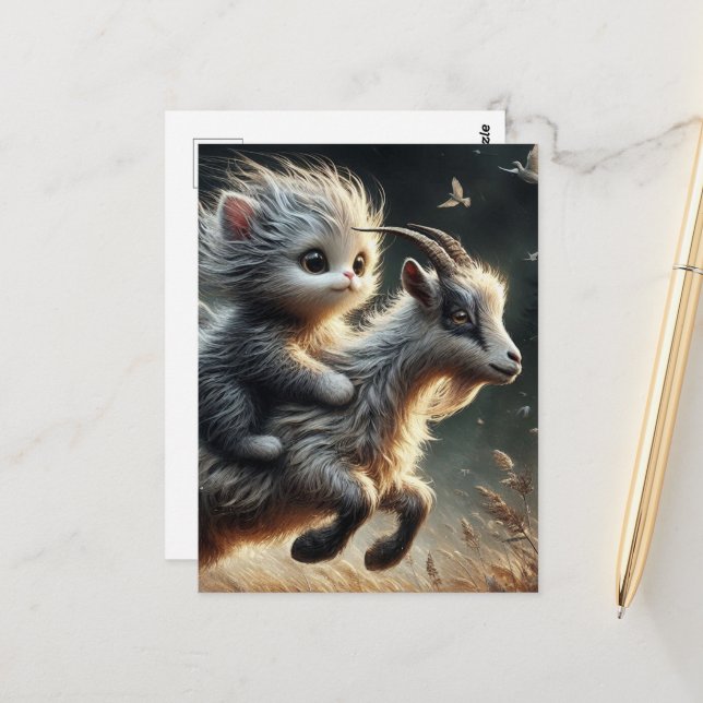 Carte Postale Chat adorable chevauchant une chèvre (Devant/Arrière en situation)