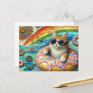 Carte Postale Chat adorable dans un beignet au lac